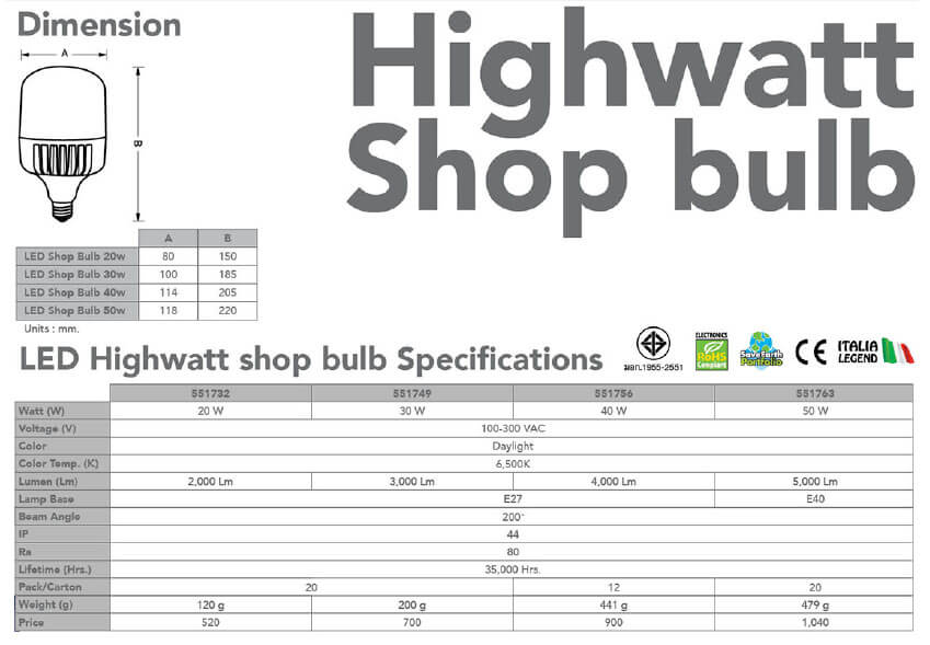 Spec LED Highwatt Shop bulb-20w-30w-40w-50w-eve