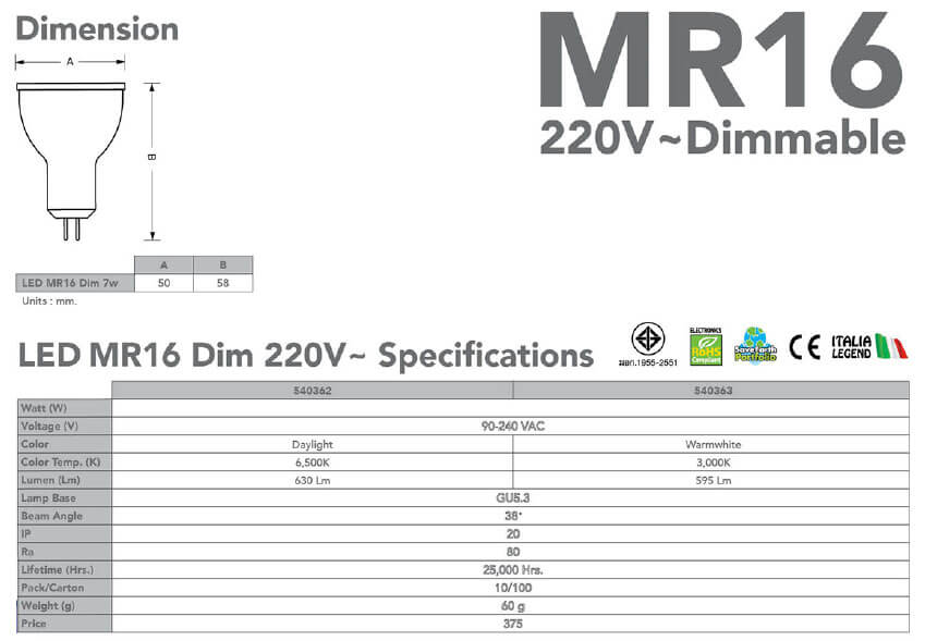 Spec LED MR16 Dimmable-7w-eve