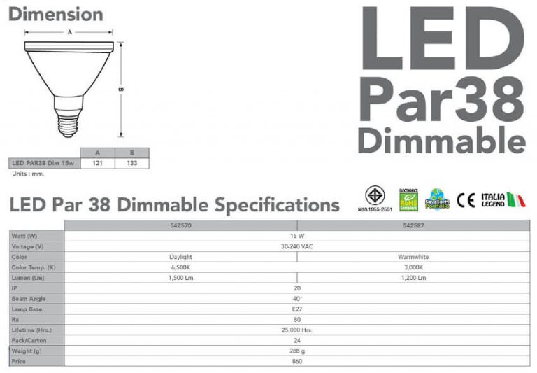 Spec LED PAR 38 Dimmable-15w-eve
