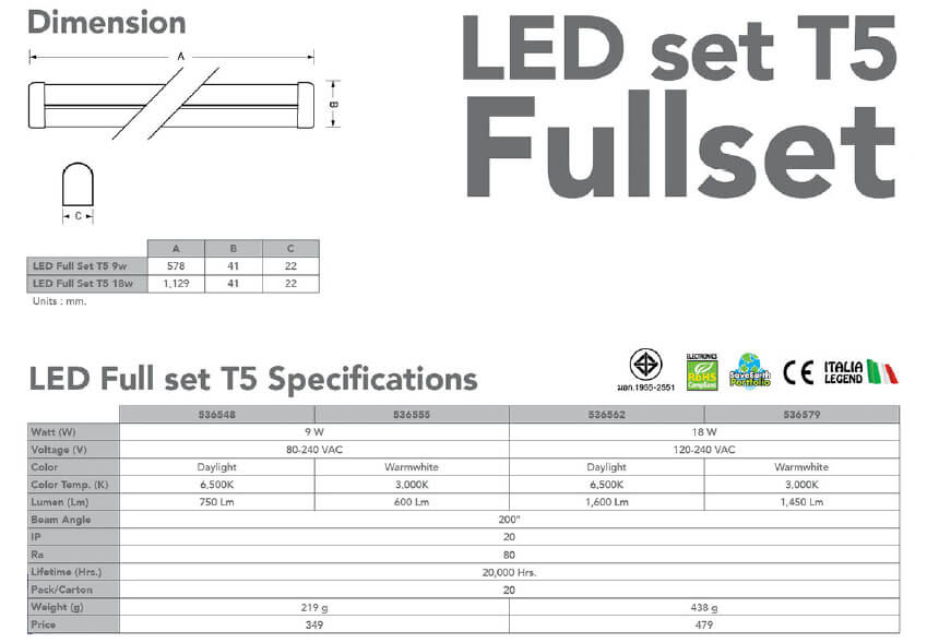 Spec LED T5 Full set-9w-18w-eve
