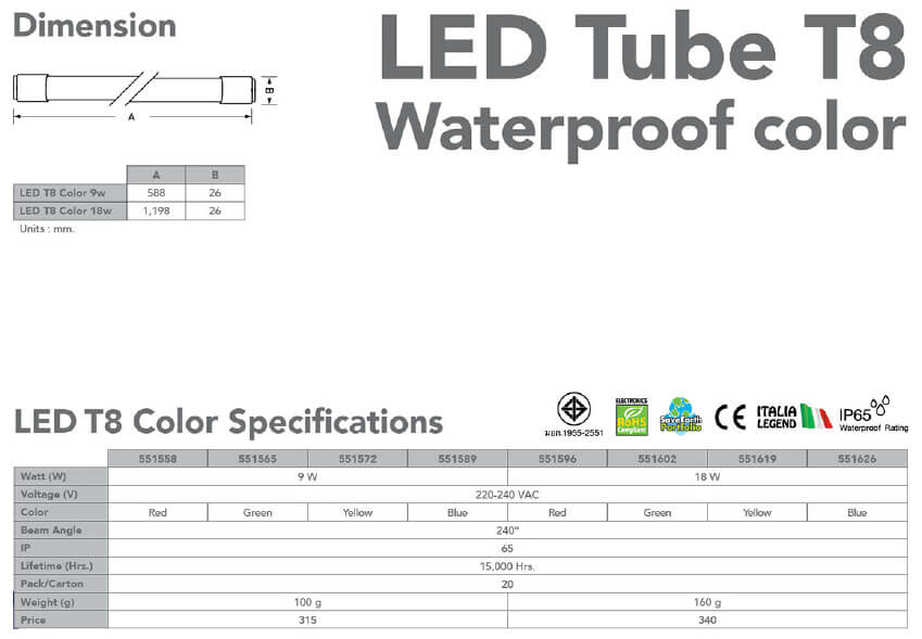 Spec LED T8 Color-9w-18w-eve