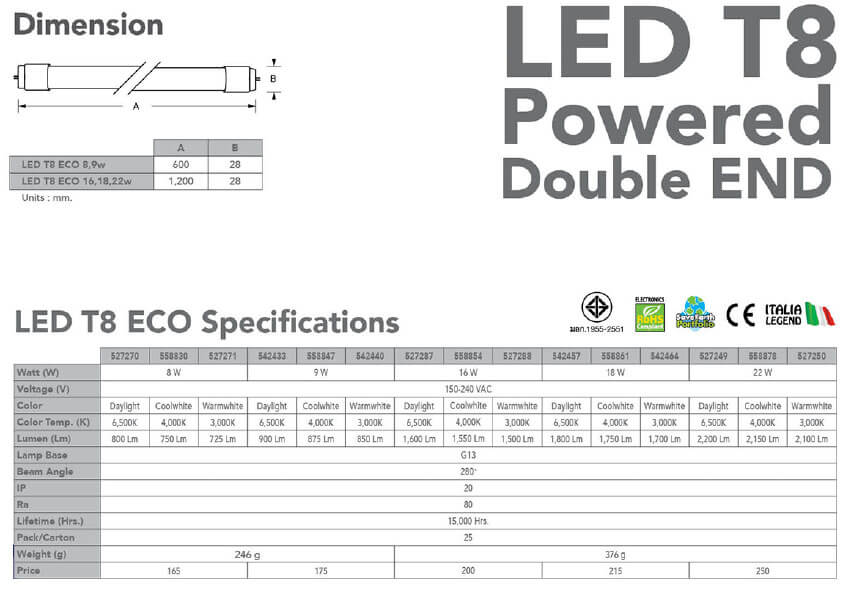 Spec LED T8 ECO-8w-9w-16w-18w-22w-eve