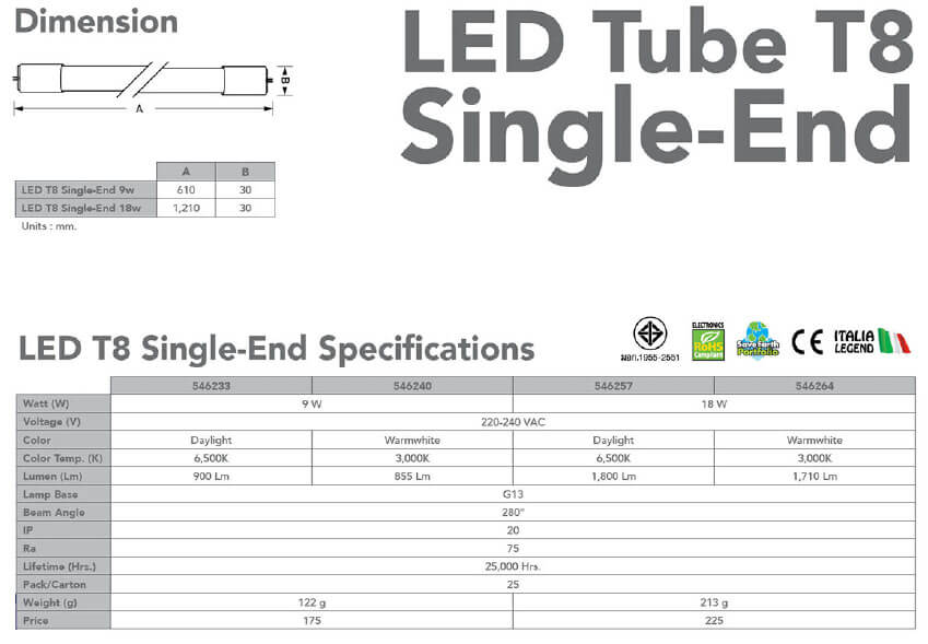 Spec LED T8 Single-End-9w-18w-eve