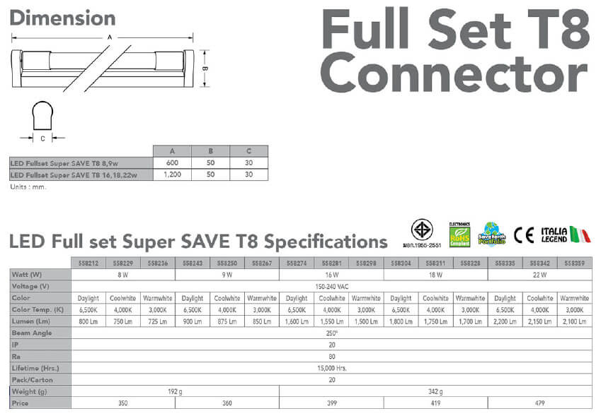 Spec LED T8 Super Save-8w-9w-16w-18w-22w-eve