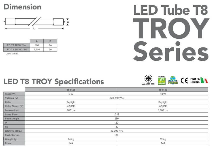 Spec LED T8 Troy-9w-18w-eve
