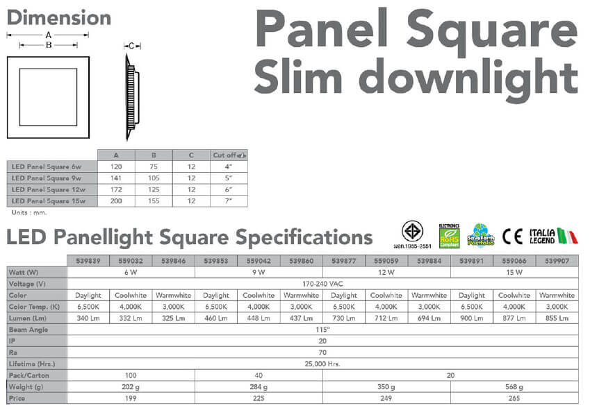 Spec Panel light LED square 6w 9w 12w 15w -eve