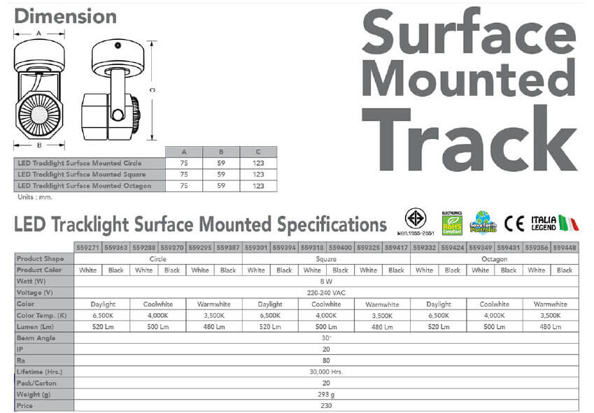 Spec Tracklight LED Surface Mounted 8W-eve